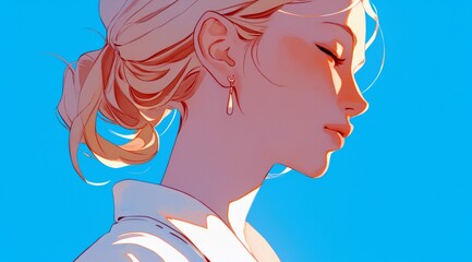 Poster - Elegant profile of a serene woman with soft features and delicate earrings against a vibrant blue background showcasing minimalist beauty and artistic style