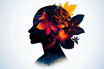 Poster - Elegant silhouette of a woman's profile adorned with vibrant flowers and leaves, showcasing the harmony of nature and femininity in artful design