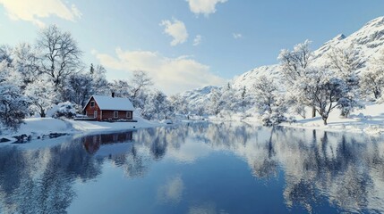 Wall Mural - Snowy cabin lake winter landscape reflection postcard