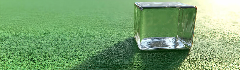 Glass cube rests on green surface, sunlit background, product display