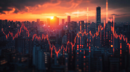 Wall Mural - Fiery Cityscape at Sunset with Dynamic Financial Charts