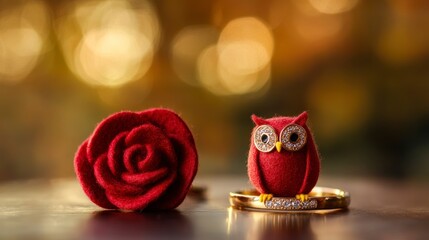 Wall Mural - A golden ring with diamonds is placed on the table, next to it lies a red rose shaped like an owl made of felt fabric. The background has a blurred effect and a dreamy atmosphere.