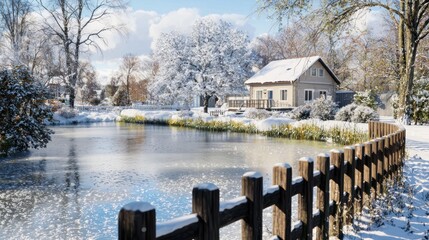Wall Mural - Snowy cottage, winter pond, fence, sunny day, postcard