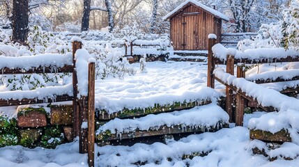 Wall Mural - Snowy garden path, wooden fence, shed, winter wonderland, postcard