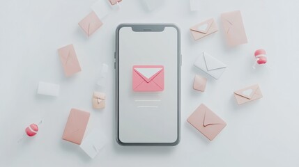 Leinwandbilder - A minimalistic 3D smartphone showing an email app surrounded by marketing symbols like discount tags and envelopes, on white