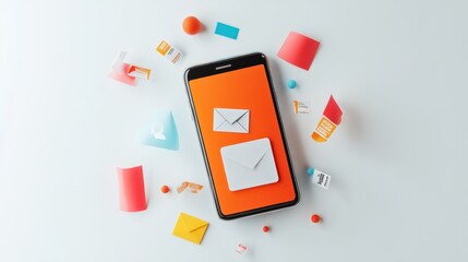 Leinwandbilder - A minimalistic 3D smartphone showing an email app surrounded by marketing symbols like discount tags and envelopes, on white