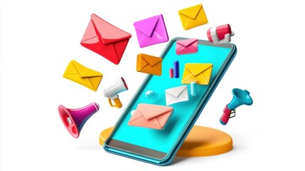 Leinwandbilder - A modern 3D smartphone model with a vibrant email interface and floating marketing icons such as discount tags and bullhorns, isolated on white