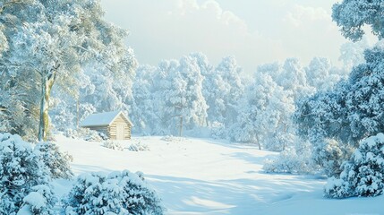 Wall Mural - Snowy cabin winter forest landscape, sunlight, idyllic scene