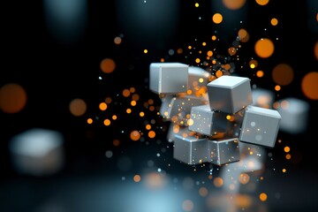 Poster - Abstract composition of floating 3D cubes surrounded by shimmering particles on a dark background
