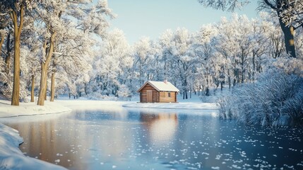 Wall Mural - Winter cabin lake snowy forest sunrise postcard