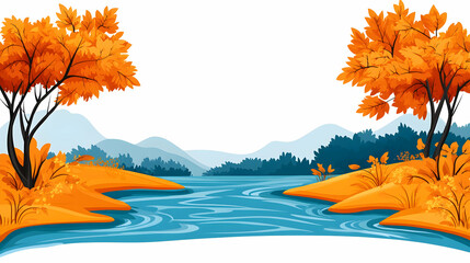 Autumn River Landscape Two orange trees flank a calm river flowing through a scenic valley, ideal for website headers or fall-themed publications