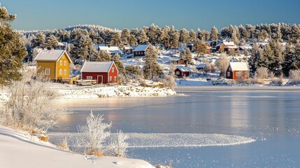 Wall Mural - Frozen lake, winter village, snowy cottages, sunlit hills, postcard