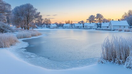 Wall Mural - Frozen lake, winter village sunrise, snowy landscape, postcard
