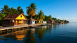 © bcendet - Colorful Caribbean waterfront houses, calm sea, palm trees, sunny morning, idyllic travel destination