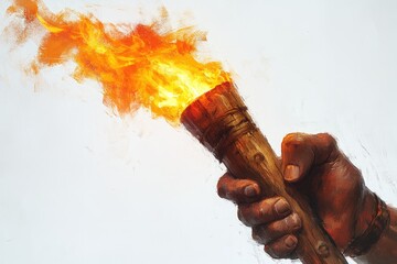 Canvas Print - Hand holds flaming wooden torch, fiery.