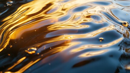 Poster - Golden light reflecting on dark flowing liquid surface with small bubbles