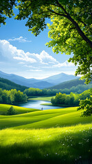 Wall Mural - Serene spring landscape Couple strolling by a river, green hills, and blue sky, perfect for travel brochures