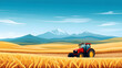 © bcendet - Tractor harvesting golden wheat field, mountainous backdrop, sunny day, agricultural illustration