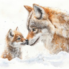  A heartwarming moment between a mother wolf and her playful pup in a snowy landscape, showcasing their bond