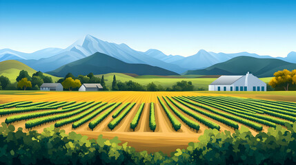 Wall Mural - Vineyard landscape, mountain backdrop, rural houses, sunny day, perfect for travel brochures