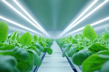 Poster - futuristic farm setting with identical rows of bioengineered crops growing in controlled environments clean and structured