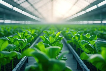 Poster - futuristic farm setting with identical rows of bioengineered crops growing in controlled environments clean and structured
