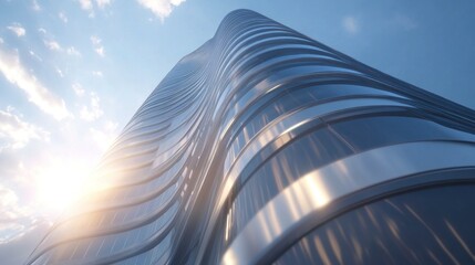 Wall Mural - Close-up of a modern glass skyscraper with curved lines, against a blue sky background. The sun is shining through the building, creating a gradient effect with soft shadows