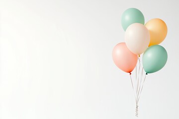 Poster - minimalistic and clean image of colorful birthday balloons floating gently against solid white background emphasizing
