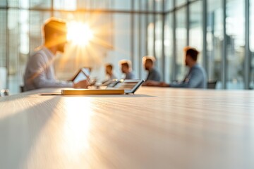 Poster - modern office environment showcasing diverse team collaborating around sleek conference table filled with high-tech