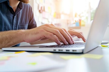 Poster - motivated writer typing away at laptop their workspace adorned with sticky notes and drafts focused expression copy