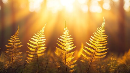 Poster - backlit photograph of delicate ferns their silhouettes glowing as golden sunlight streams through th