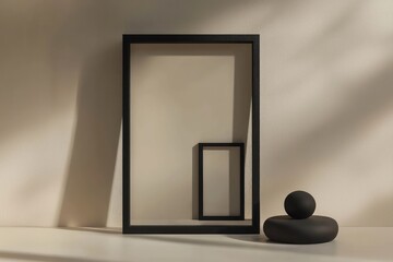 Wall Mural - Minimalist black 3D frame with space for text on a neutral gradient.