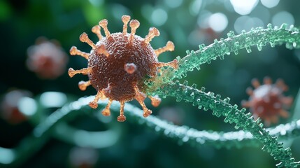 Poster - Close-Up View of a Virus Structure with Green RNA, Surrounded by Brightly Lit Background Elements