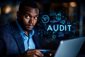 Poster - Professional Man Analyzing Data on Laptop with Audit Concept and Digital Graphics in Modern Setting