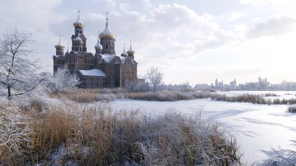 Wall Mural - Snowy church, winter landscape, frozen lake, city skyline, travel