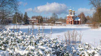 Wall Mural - Snowy park winter church landscape, sunny day