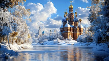 Wall Mural - Snowy Church River Winter Landscape, Scenic View