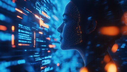Woman's profile, futuristic digital interface, glowing lines, data stream, technological background.
