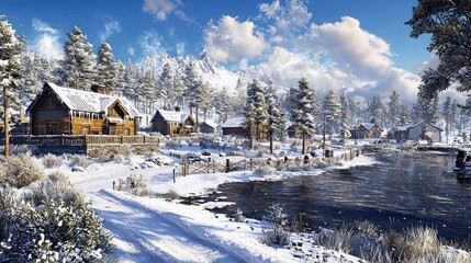 Wall Mural - Snowy mountain village winter scene, calm river, postcard