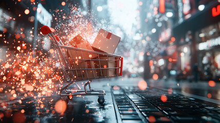Poster - Fast Online Shopping and Delivery Exploding Shopping Cart on City Street