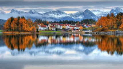 Wall Mural - Autumn village, lake reflection, mountains, Norway, calm
