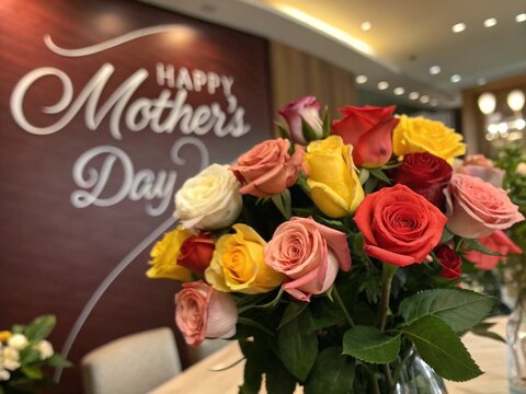 Happy mothers day greeting cards design with colorful flowers in pink, white  background