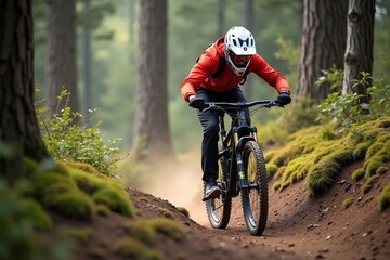 A cyclist wearing a helmet and vibrant gear rides on an exciting forest path, experiencing both adventure and nature.