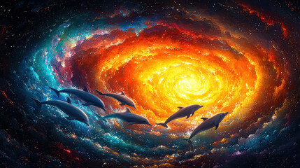 Wall Mural - Cosmic Dolphins: Dolphins gracefully swim through a vibrant, swirling nebula of fiery oranges and cool blues, creating a surreal and captivating cosmic scene.  