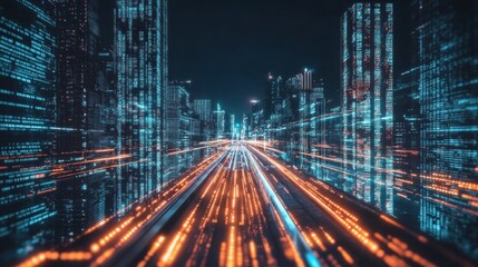 Leinwandbilder - Futuristic Cityscape with Glowing Data Streams at Night Technology and Digital concept