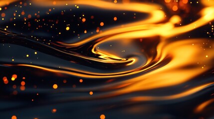 Poster - Abstract fluid motion with gold light trails and floating sparkles creates a dynamic texture