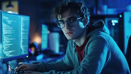 Young programmer coding late at night.