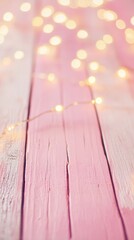 Poster - The pink wooden table is illuminated by soft bokeh lights, giving a warm and inviting ambiance that enhances any setting