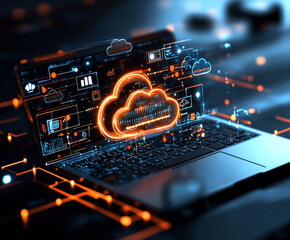 Aufkleber - This image depicts a laptop with glowing cloud graphics, symbolizing advanced cloud technology and digital data management systems transforming the landscape of modern computing and storage solutions.