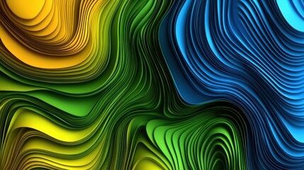 Fototapete - Vibrant waves in shades of green, blue, and yellow create a captivating abstract pattern, showcasing fluid movement and harmony in design